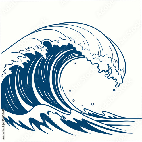 A powerful wave crashing against a rocky shoreline with white foam and deep blue water Vector