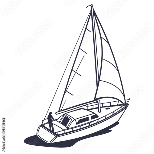 A sleek white sailboat glides across the calm waters of a serene lake. Vector