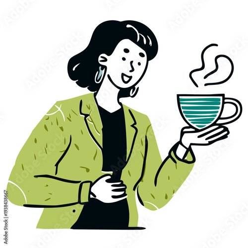 Woman Serving Hot Tea, Hand drawn gen z slang idiom illustration, meme vector cute character gossip icon for social media, corporate style character pop culture