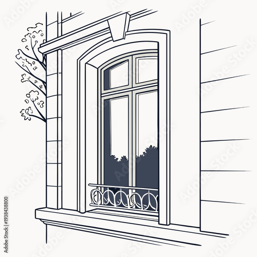 A vintage window with intricate ironwork and a view of a tree outside. Vector