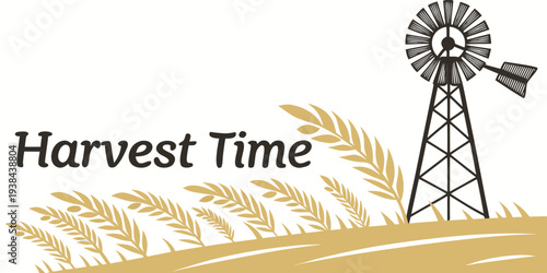 A picturesque scene of a farm during harvest time with a windmill and wheat field Vector