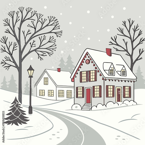 A charming winter scene with a cozy house and snow-covered trees Vector