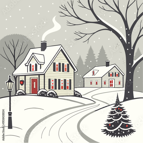 A picturesque winter scene with a charming house and snow-covered trees Vector