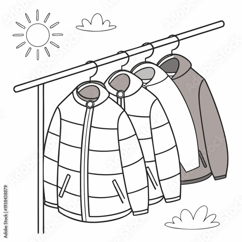 A variety of coats and jackets hanging on a clothing rack in a store. Vector