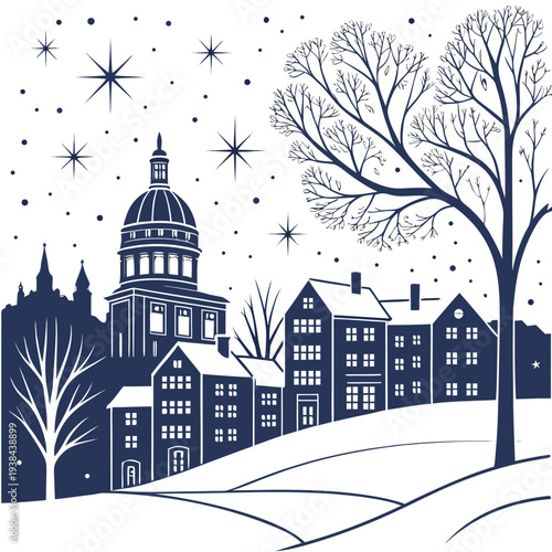 A serene winter night in a picturesque european city with snow-covered trees and buildings. Vector