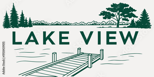 A serene view of a lake surrounded by trees with a dock extending into the water Vector