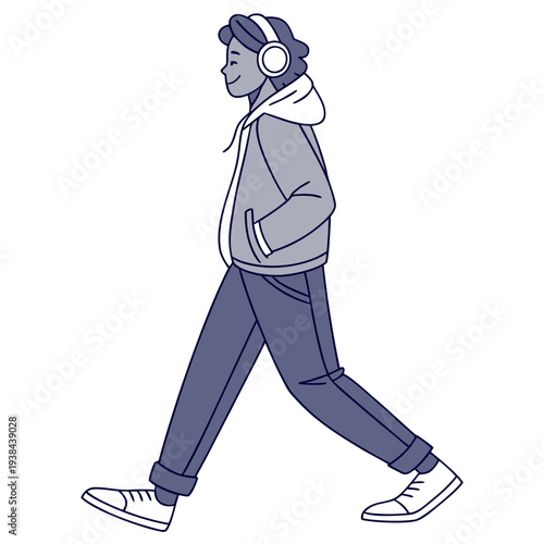 A person wearing a backpack and headphones walking down the street Vector