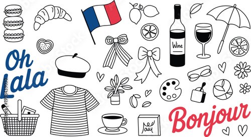 French Culture and Paris Lifestyle Illustration Set with Bonjour Typography France Flag Beret Macarons and Wine