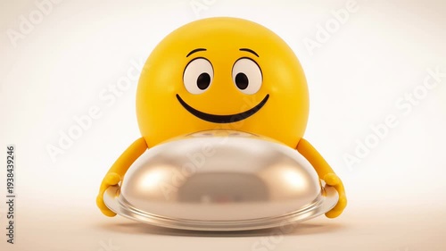 Happy yellow character serving food on a silver platter restaurant hospitality concept with room for text on white background