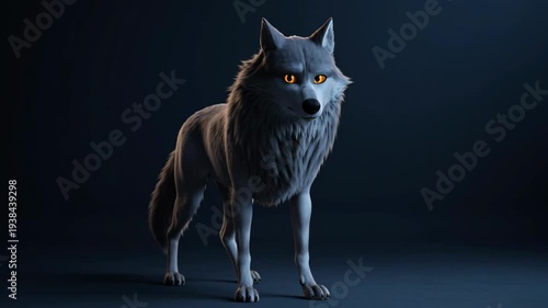 Majestic white wolf animated character walking in dark studio with glowing golden eyes