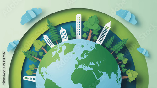 Eco friendly earth illustration with green globe buildings trees and clouds in a layered paper cut design symbolizing environmental sustainability and harmony