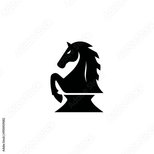 Black silhouette of rearing horse on pedestal, simple elegant design against white
