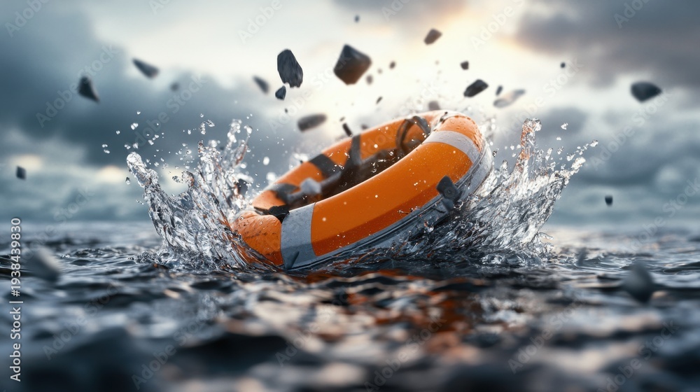 Fototapeta premium Lifebuoy ring falling in water with splash waves rescue safety flotation device ocean emergency