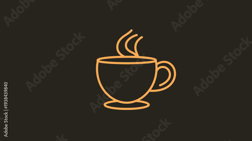 Simple orange line art of a steaming cup on a dark brown background