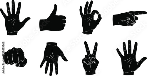 Black silhouette of human hand gestures set including thumbs up ok sign victory peace symbol pointing finger and open palm