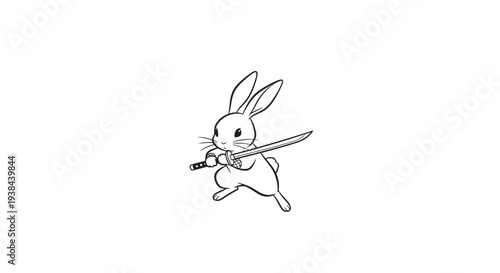 Adorable cartoon rabbit warrior holding a katana sword in a dynamic fighting stance, cute black and white manga style line art illustration.