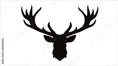Silhouette of a stag's head with large antlers, facing forward on white background