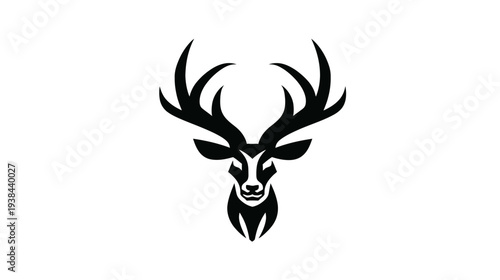 Bold, black silhouette of a deer head with large antlers, facing forward, on white