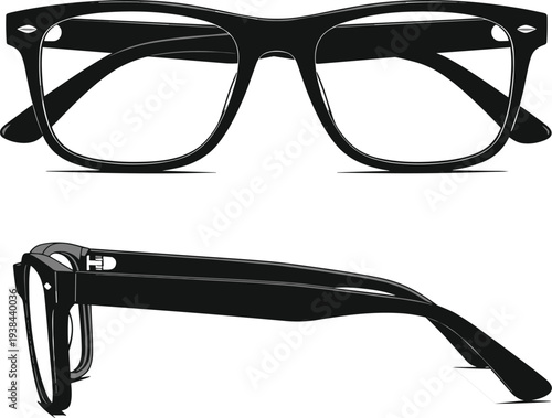 Eyeglasses silhouette vector illustration with front and side views, fashion accessory artwork concept for eyewear, optical design, vision correction, modern lifestyle