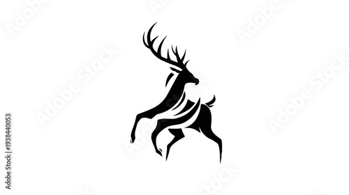 Stylized black silhouette of a standing deer with antlers on a stark white background