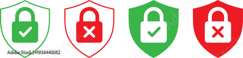 Security icons for safe and unsafe situations with shield and padlock symbols