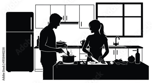 Couple cooking together in a modern kitchen bold black silhouette