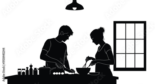 Couple preparing food together in a kitchen depicted as a silhouette