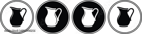 Water pitcher and milk jug icon set in circular emblems featuring rustic ceramic carafe silhouettes for kitchenware branding farmhouse decor dairy production and restaurant menu design isolated on whi
