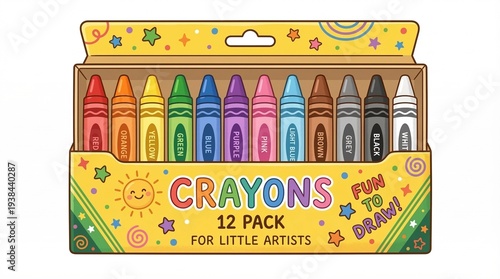 A vibrant 12-pack of colorful crayons, perfect for little artists to unleash their creativity and have fun drawing, presented in a charming box