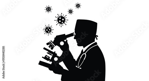 Scientist examining microbes with a microscope a striking black silhouette