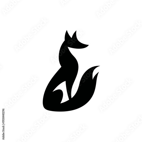 Stylized, graphic rendering of a seated fox, viewed from the side, in stark black silhouette