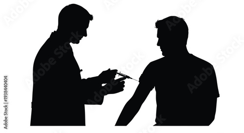 Doctor administering a vaccine injection to a patient black silhouette