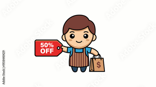 A cute cartoon boy wearing an apron, holding a red 50% OFF discount tag and a brown shopping bag with a dollar sign.