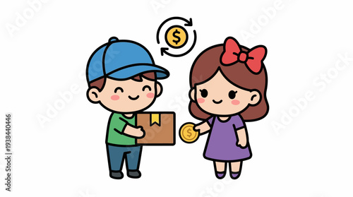 Cute cartoon illustration of a delivery boy exchanging a package for money with a smiling girl, symbolizing e-commerce or transaction.