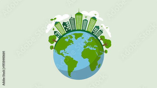 Eco friendly skyscrapers growing from a green globe with lush vegetation symbolizing sustainable development and environmental conservation on a light green background