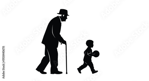 Elderly man and young boy walking contrasting generations in black silhouette