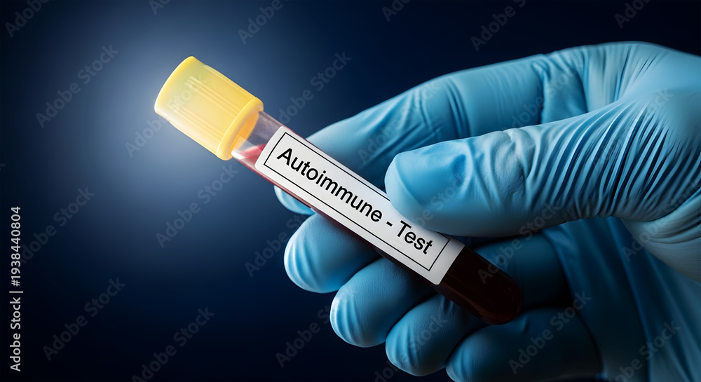 Fototapeta premium Hand in blue glove holding blood sample tube labeled Autoimmune Test image