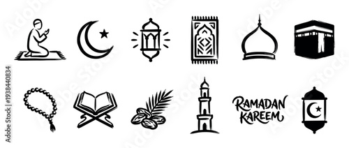 Set of black hand-drawn Islamic icons for Ramadan celebration, including a mosque, lantern, Quran, and prayer symbols in a minimalist brush stroke style vector graphic collection