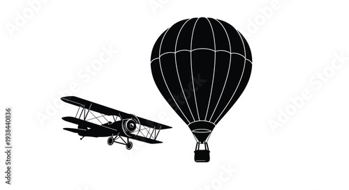 Vintage hot air balloon and biplane fly together black silhouette