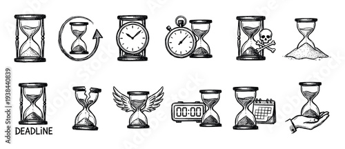 Collection of hand-drawn hourglass icons in a black ink sketch style, featuring clocks, calendars, and skulls to symbolize deadlines, urgency, and the passage of time
