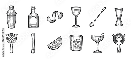 Vintage cocktail making equipment set with a shaker, bottle, jigger, strainer, glass, and lemon garnish, illustrated in a detailed black and white hand-drawn engraving style
