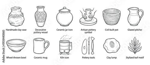 Hand-drawn pottery and ceramics icon collection featuring various vessels, a kiln, artisan tools, and a potter's wheel, all illustrated in a clean black and white line art doodle style