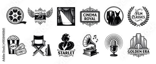 Vintage black and white cinema icons set in a retro style, featuring a film reel, camera, popcorn, director's chair, microphone, and other classic movie industry symbols