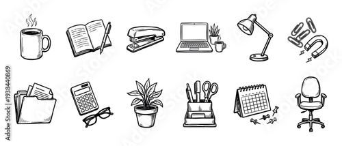 Hand-drawn office and business icon collection featuring a laptop, calendar, desk lamp, and stationery supplies in a black and white doodle illustration style
