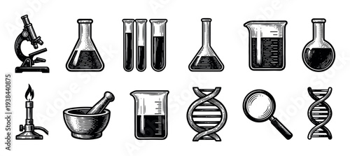 Collection of science laboratory equipment icons in a vintage black and white engraved woodcut style, including a microscope, flasks, beakers, test tubes, and DNA helix