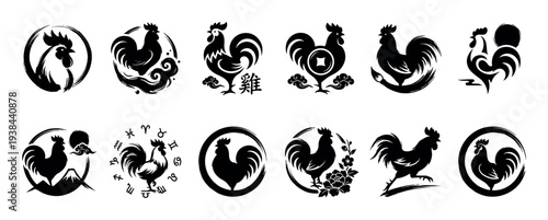 Twelve black rooster silhouette icons in a traditional Asian ink brush style, a diverse collection featuring zodiac symbols, floral motifs, and calligraphic enso circles for a new year concept