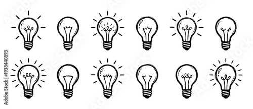 Hand-drawn light bulb doodle icons set representing creativity, innovation, and bright ideas, a collection of simple black and white sketch style vector illustrations for concepts