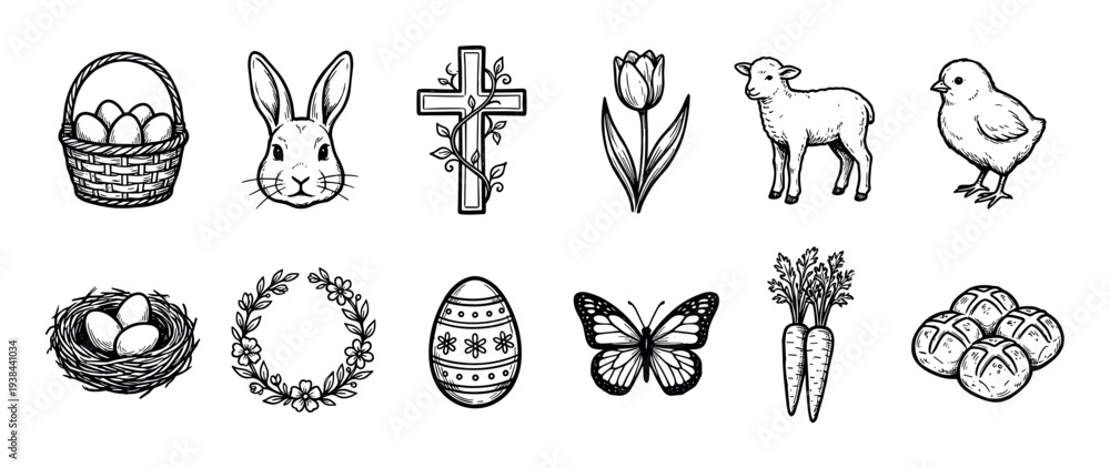 Obraz premium Hand-drawn Easter holiday icon set with symbols of spring and religion like a bunny, egg, cross, and lamb in a black and white vintage sketch illustration style