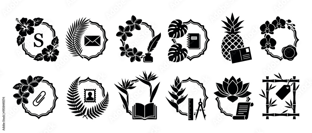 Obraz premium Collection of black silhouette tropical stationery icons featuring flowers, leaves, and office supplies in decorative frames for logos, emblems, or graphic design elements