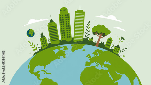 Sustainable city concept on earth with green buildings trees and plants symbolizing eco friendly urban planning and environmental conservation globally